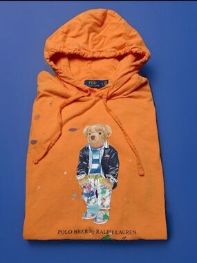 Polo Ralph Lauren Hoodie Mens M Bear Graphic Paint Splatter Streetwear Artist
